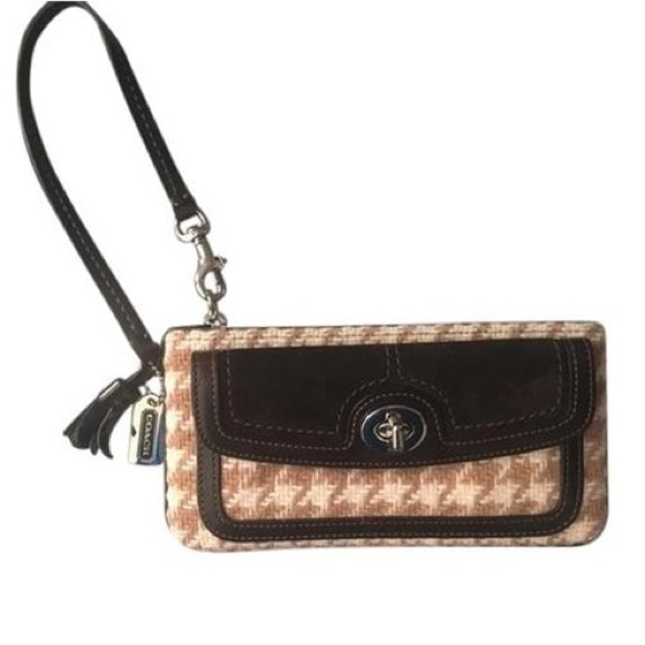 Coach Hampton Houndstooth Wool suede cream brown Wristlet vintage - Picture 2 of 4